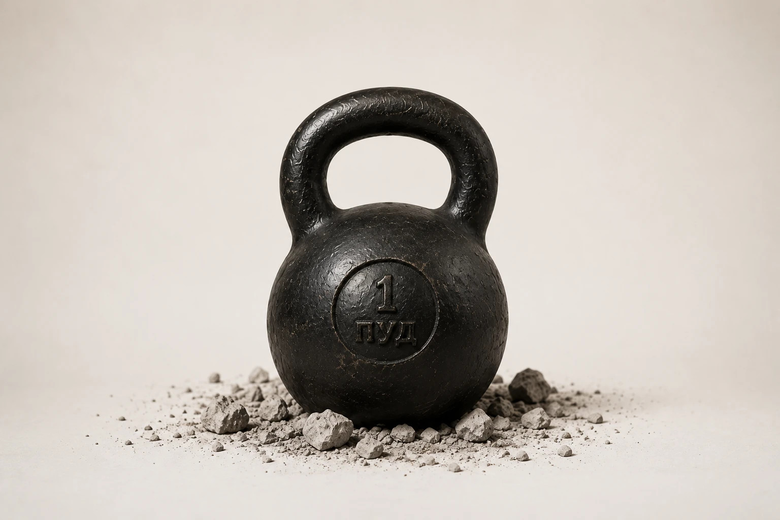 Vintage cast-iron kettlebell marked one pood resting among small pieces of stone